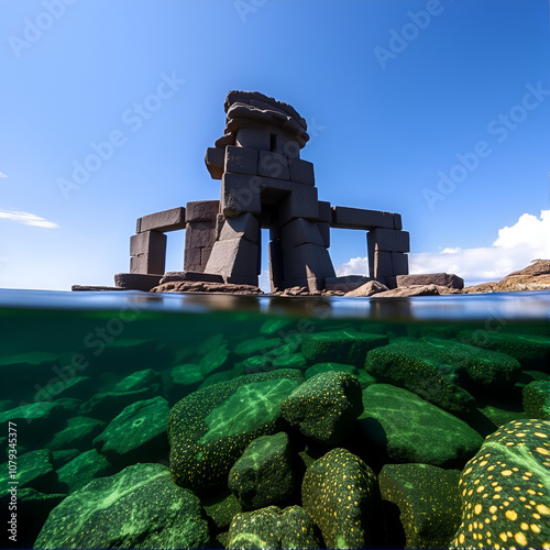 Jutting from the ocean floor, the Yonaguni Monument's imposing stone structure stands guard, its ancient secrets locked photo