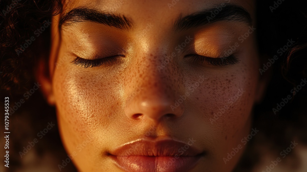 Fototapeta premium Close-up of a calm person with eyes gently closed in meditation, soft light highlighting natural freckles and serene features, creating a peaceful and tranquil mood with a neutral background.
