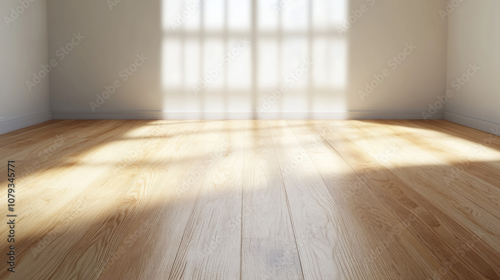 Bright sunlight casts soft shadows on an empty wooden floor in a spacious room Bright sunlight casts soft shadows on an empty wooden floor in a spacious room