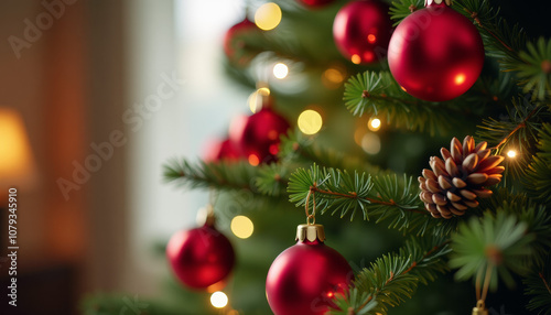 Christmas Tree with Red Ornaments and Lights