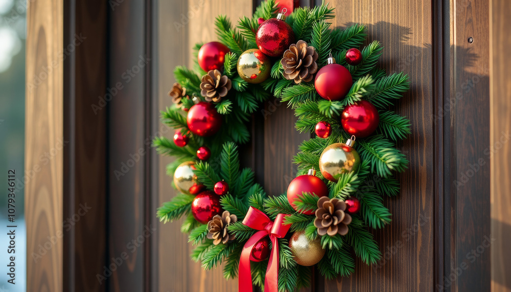 Christmas Door Wreath with Red and Gold Ornaments Christmas Door Wreath with Red and Gold Ornaments
