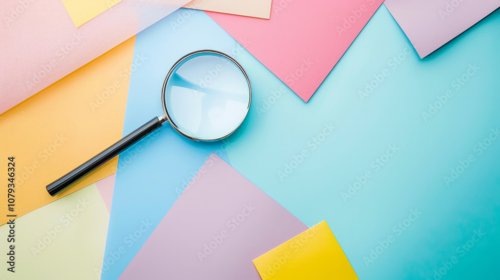 A magnifying glass rests on colorful sheets of paper in a quality control workspace illustrating attention to detail in document examination A magnifying glass rests on colorful sheets of paper in a quality control workspace illustrating attention to detail in document examination