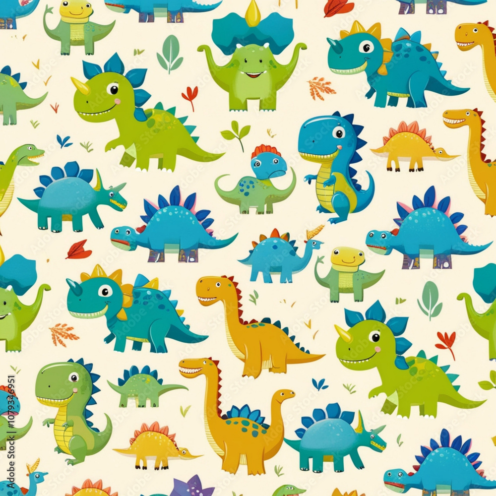 Obraz premium A vibrant array of cartoon dinosaurs in various colors and styles fills the cream background. This whimsical design appeals to children and enhances playful environments.generative ai