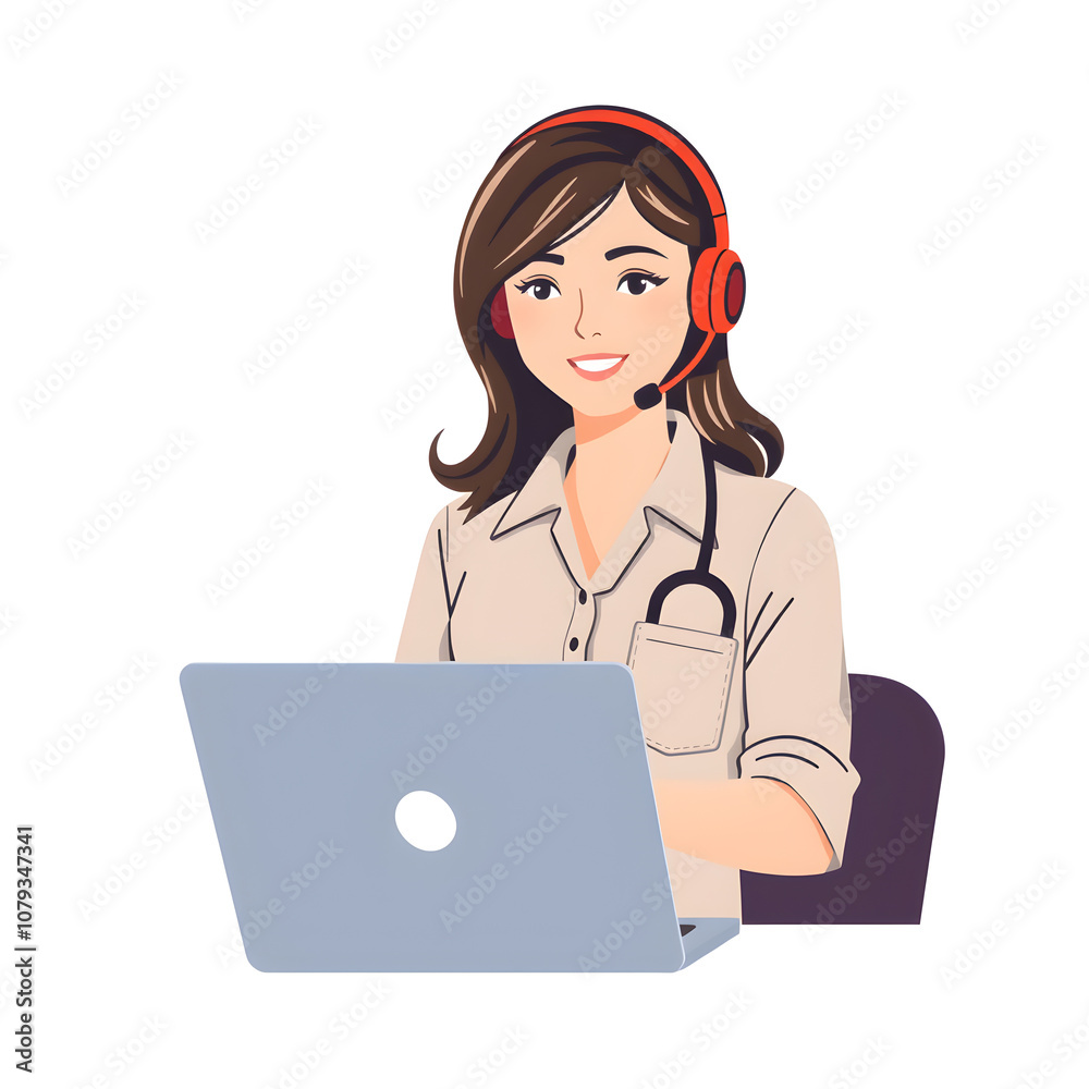 Female customer service worker working on laptop in flat illustration. Generative AI Female customer service worker working on laptop in flat illustration. Generative AI