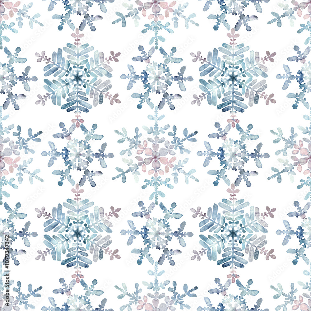Seamless winter pattern. Granulation watercolour snowflakes on a white background. Hand drawn illustration. Frost crystals drawn by hand. For fabric, sketchbook, wallpaper, wrapping paper, invitation Seamless winter pattern. Granulation watercolour snowflakes on a white background. Hand drawn illustration. Frost crystals drawn by hand. For fabric, sketchbook, wallpaper, wrapping paper, invitation