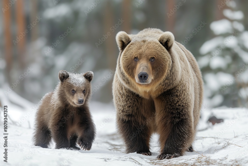 Fototapeta premium Mother bear stands protectively with her cub in a snowy forest during winter