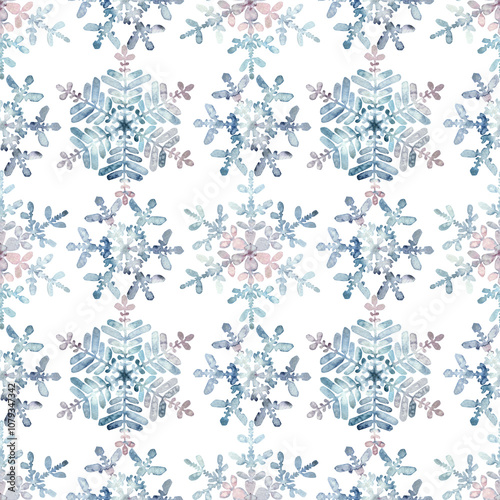 Seamless winter pattern. Granulation watercolour snowflakes on a white background. Hand drawn illustration. Frost crystals drawn by hand. For fabric, sketchbook, wallpaper, wrapping paper, invitation