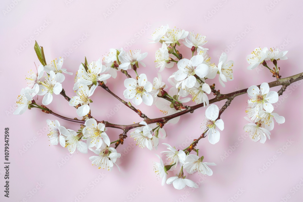 Beautiful white cherry blossom branch against a soft pink background