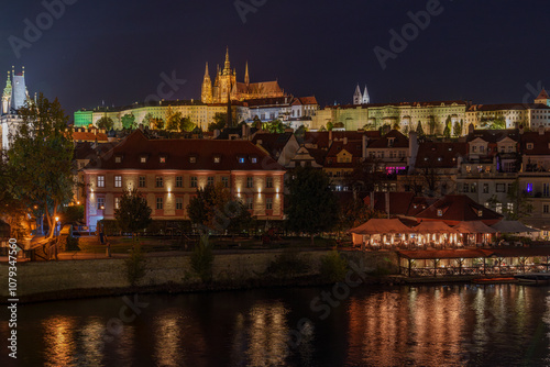 Photography Panoramic view of Prague during a warm autumn night