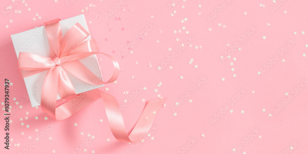 Holiday pink background. Gift box, confetti stars and satin ribbon on soft pink background. Flat lay, top view, copy space, banner Holiday pink background. Gift box, confetti stars and satin ribbon on soft pink background. Flat lay, top view, copy space, banner
