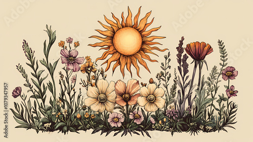 A collection of illustrated flowers, plants, and a sun, showcasing a whimsical botanical theme. Botanical. Illustration