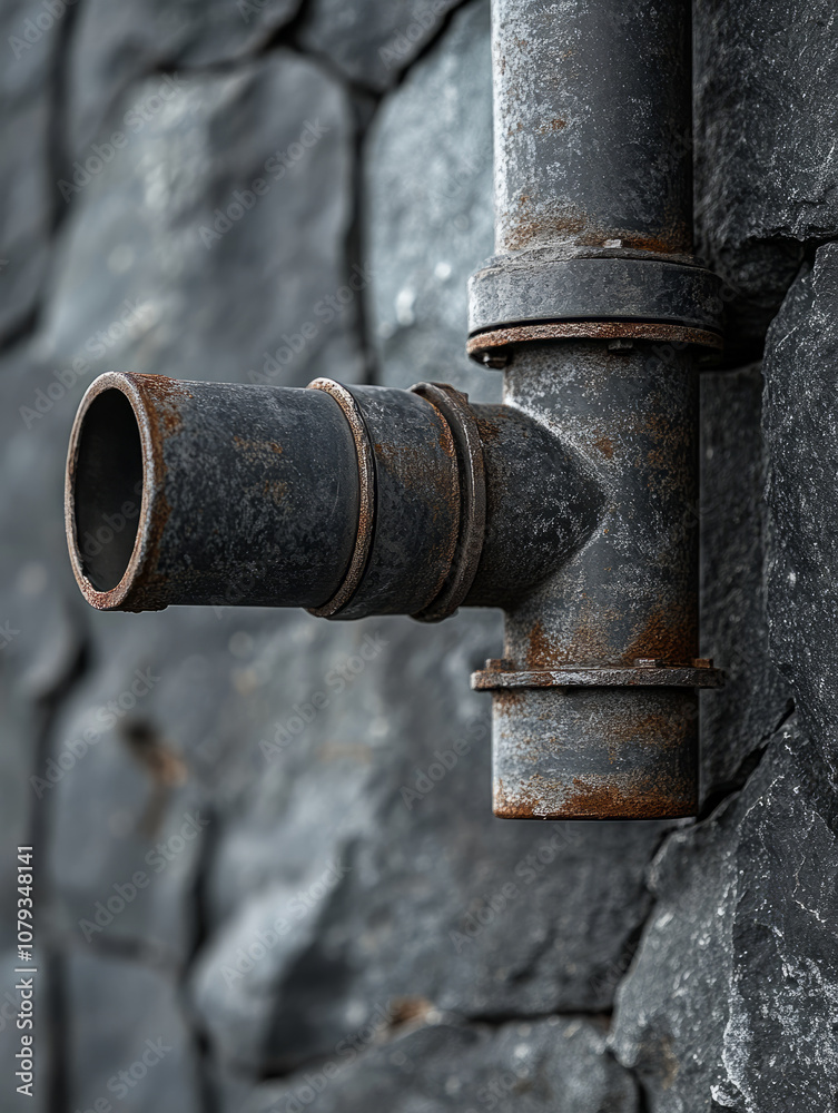 Rusty metal pipe on a stone wall background. Rusty metal pipe on a stone wall background.