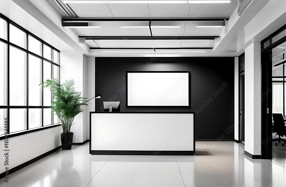Blank white screen in black frame on wall behind reception area in modern eco style office. Blank white screen in black frame on wall behind reception area in modern eco style office.
