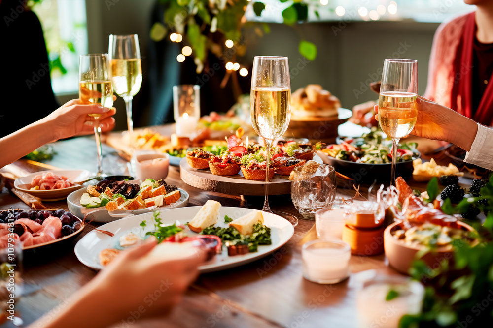 Fototapeta premium Grupo de amigos disfrutando de un aperitivo brindando con copas de champagne en la mesa del comedor con comida y bebida celebrando una fiesta de Navidad y Fin de Año. Concepto estilo de vida.