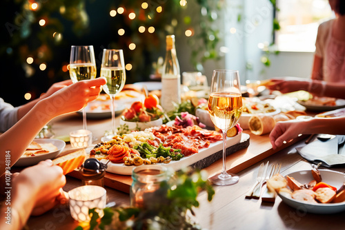 Grupo de amigos disfrutando de un aperitivo brindando con copas de champagne en la mesa del comedor con comida y bebida celebrando una fiesta de Navidad y Fin de Año. Concepto estilo de vida.