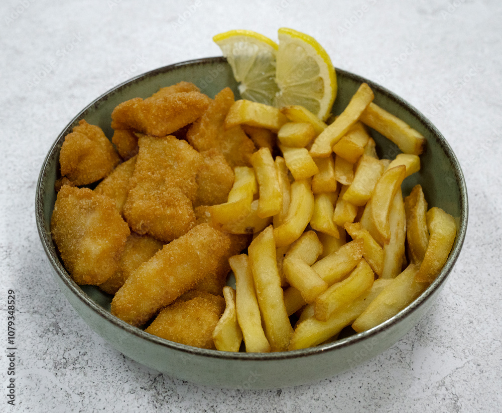 Seafood. Top view of a bowl with fried fish nuggets, lemon slices and potatoes with a white background Seafood. Top view of a bowl with fried fish nuggets, lemon slices and potatoes with a white background