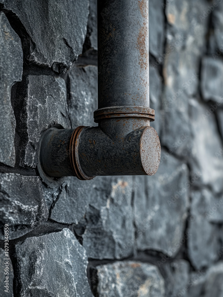 Rusty metal pipe against a stone wall background. Rusty metal pipe against a stone wall background.
