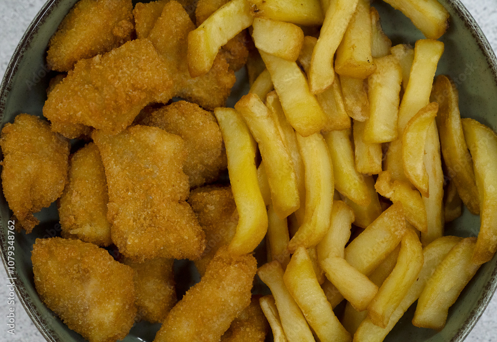 Fast food. Top view of a fried fish nuggets and fried potatoes Fast food. Top view of a fried fish nuggets and fried potatoes