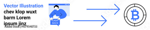 Man holding cashback sign, Bitcoin symbol with arrows. Ideal for finance, cryptocurrency, online transactions, fintech services, digital wallets, cryptocurrency guides, educational content. Landing