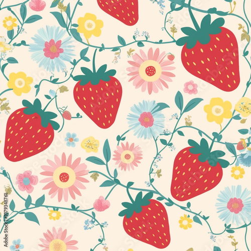 This delightful illustration showcases an array of smiling strawberries intertwined with playful flowers and vines, creating a cheerful and inviting pattern suitable for children's decor.generative ai
