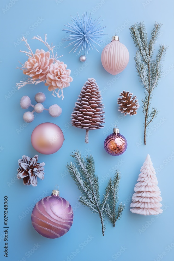 Christmas decorations on a pastel blue background