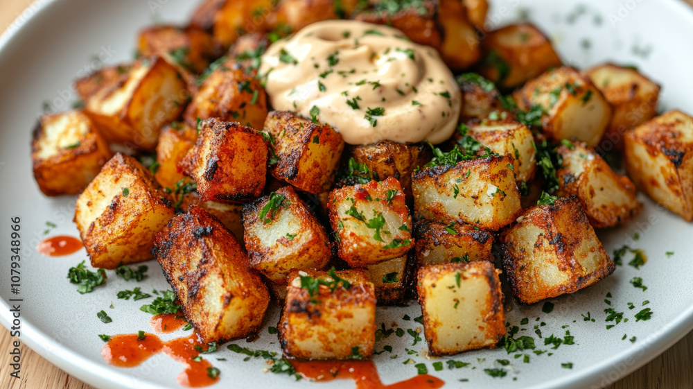 Roasted potatoes with sauce and herbs on a plate. Roasted potatoes with sauce and herbs on a plate.