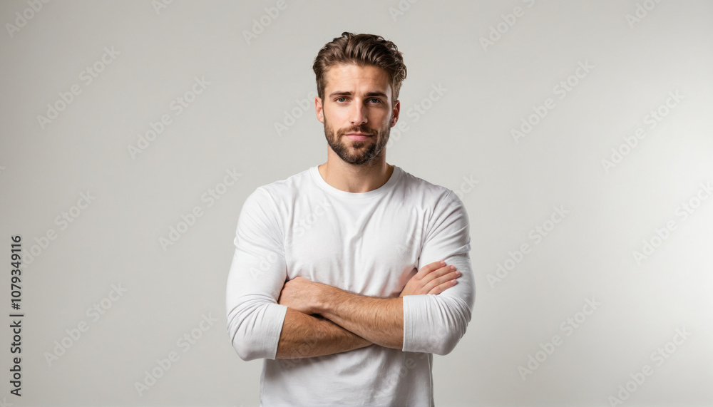 A man with a beard stands against a white wall with his arms crossed A man with a beard stands against a white wall with his arms crossed