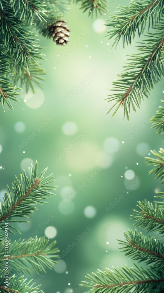 Pine branch frame on pastel green bokeh christmas background Pine branch frame on pastel green bokeh christmas background