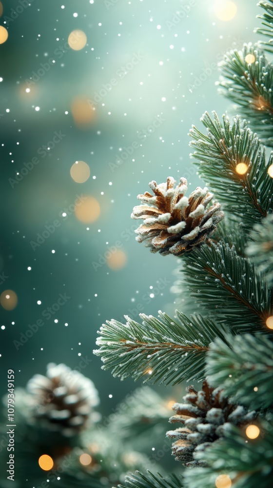 Pastel green christmas background with bokeh and pine branch frame