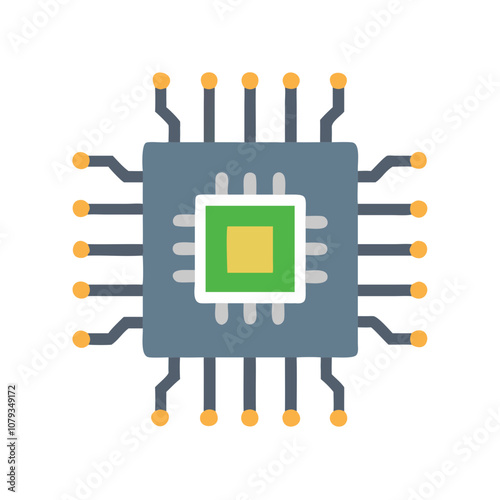 Vector icon representing a microprocessor design with metallic connections and pins, showcasing technology in a simplified format for digital use