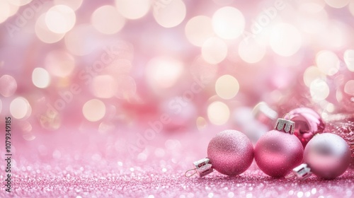 Holiday bauble frame on pastel pink background with bokeh effect