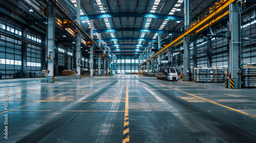 Spacious industrial warehouse interior with high ceilings and organized storage areas during daylight hours