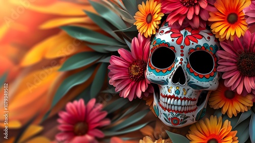 Stunning Mexican skull with detailed floral elements and bright vibrant colors image