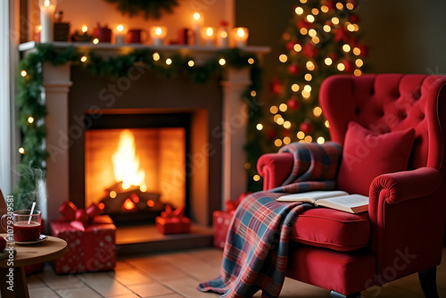Cozy room with fireplace, armchair, and festive Christmas spirit