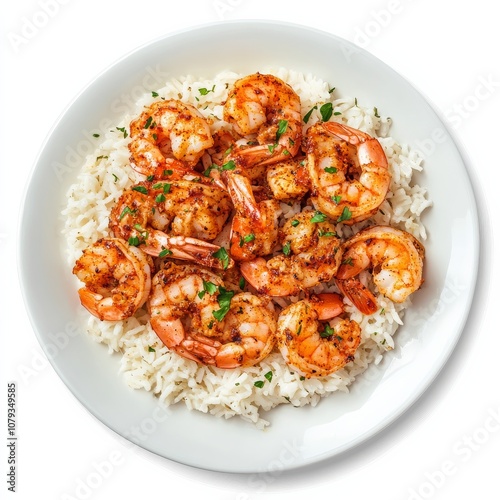 A plate of spicy Cajun shrimp with rice pilaf, isolated white background, hyperrealism art style