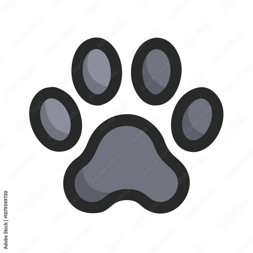 This vector icon illustrates a stylized paw print in varying shades of gray, featuring distinct pads and a smooth outline, ideal for representing pets, animal welfare, or nature-themed designs
