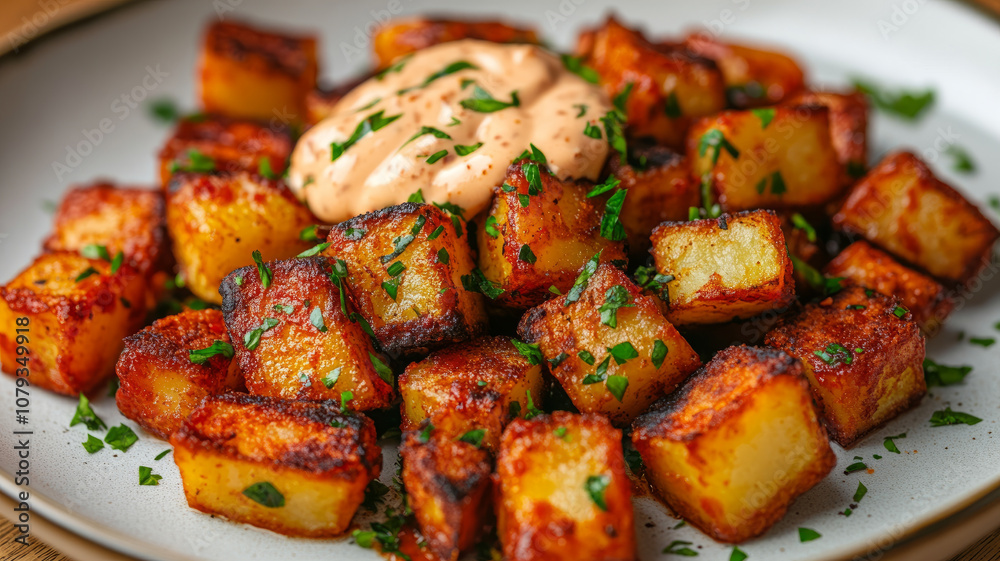 Roasted potatoes with herb garnish on a plate Roasted potatoes with herb garnish on a plate