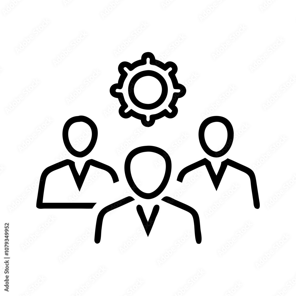 Vector icon depicting three people collaborating on a project with a gear symbolizing teamwork and innovation in a modern workspace setting Vector icon depicting three people collaborating on a project with a gear symbolizing teamwork and innovation in a modern workspace setting