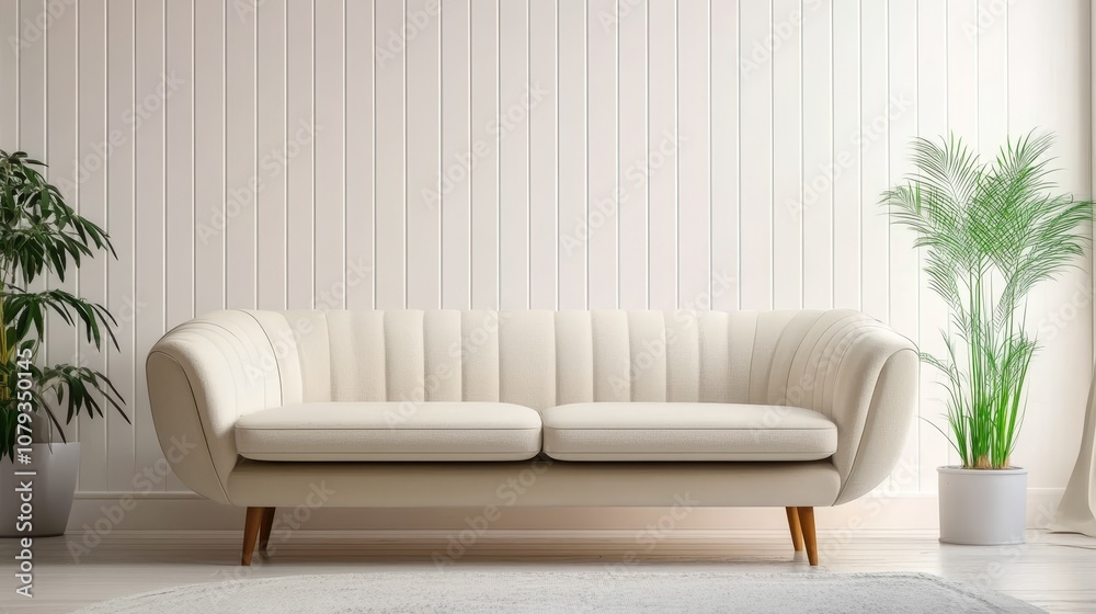 Elegant Minimalist Living Room Interior with Beige Sofa and Green Plant, 3D Rendering Elegant Minimalist Living Room Interior with Beige Sofa and Green Plant, 3D Rendering