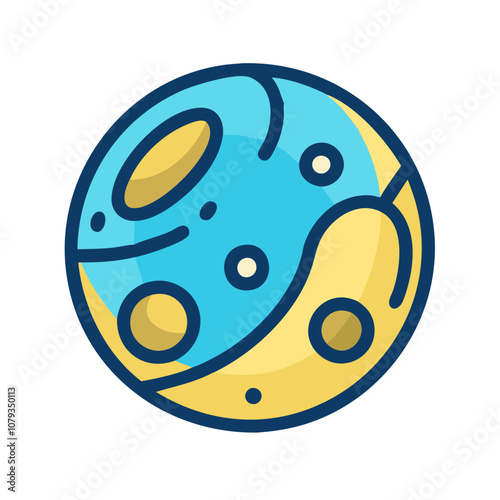 A colorful vector illustration of a planet featuring vibrant blue and yellow colors with abstract patterns and craters, representing a whimsical celestial body in a universe setting
