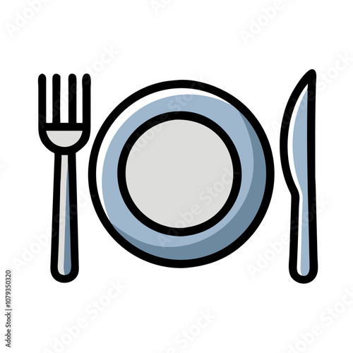 Vector icon featuring a plate, fork, and knife symbolizing dining, perfect for menus, food apps, or restaurant branding in a simple and modern style