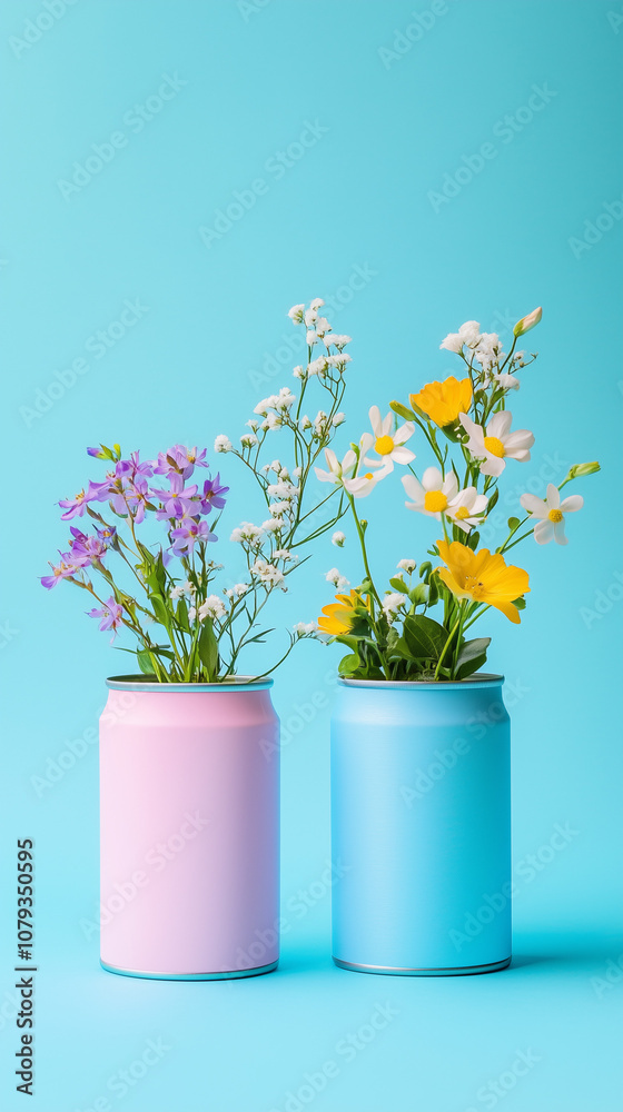 Fototapeta premium Colorful drink cans used as vases, filled with spring flowers in pastel colors, against a vibrant blue background with a minimalist aesthetic.