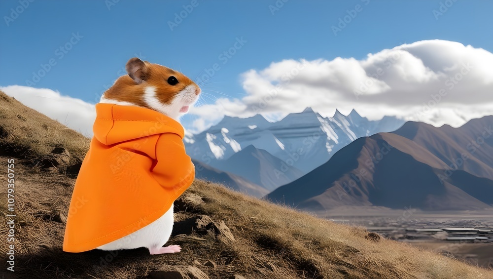 hamster in orange robes looking thoughtfully at distant mountain range hamster in orange robes looking thoughtfully at distant mountain range