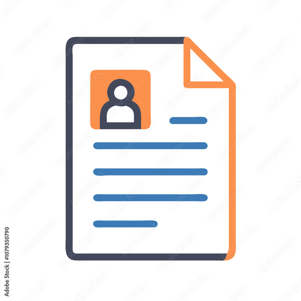 A simple vector icon depicting a resume document featuring a profile picture, lines for text, and a folded corner, suitable for job applications or professional profiles A simple vector icon depicting a resume document featuring a profile picture, lines for text, and a folded corner, suitable for job applications or professional profiles