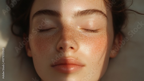 Close-up of a serene face with eyes gently closed, exuding peaceful energy and calm expression, soft shadows on relaxed features, with a minimalist neutral background, conveying tranquility