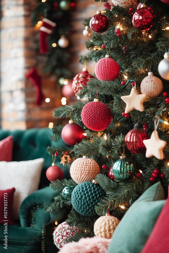 Christmas tree with oversized handmade ornaments – knitted balls, rustic, farm core