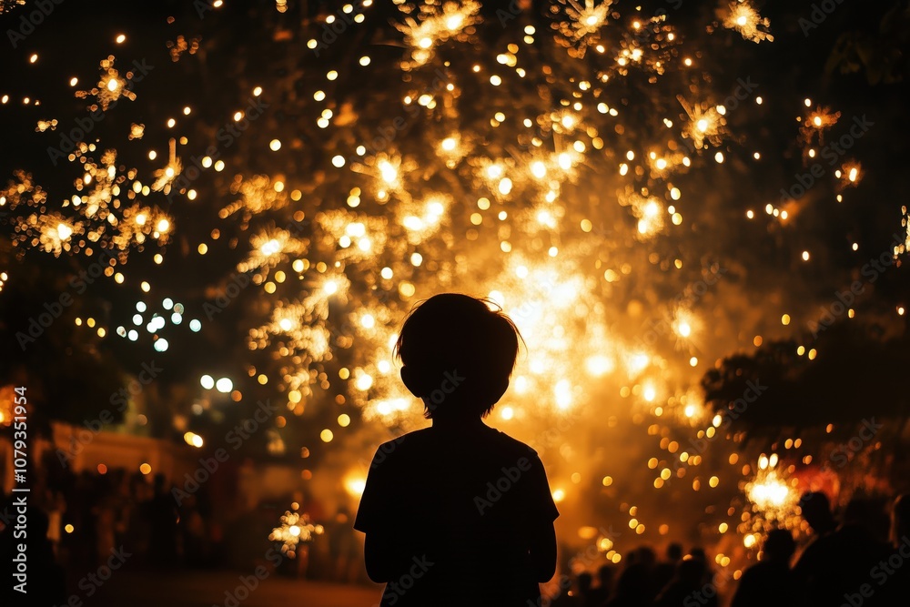 Silhouette of a Child Holding a Sparkler Against a Sky Filled with Fireworks