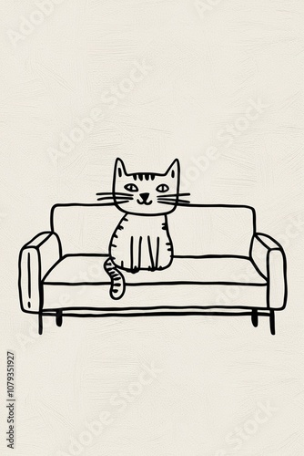 Adorable Cat in Line Drawing Style Relaxing on a Sofa for Home Decor