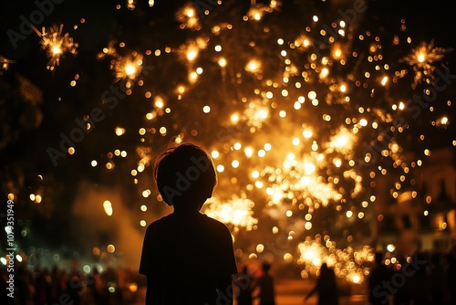 Silhouette of a Child Holding a Sparkler Against a Sky Filled with Fireworks photo