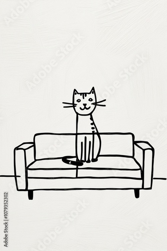 Playful Cat Illustration in Minimalist Style Sitting on a Modern Couch
